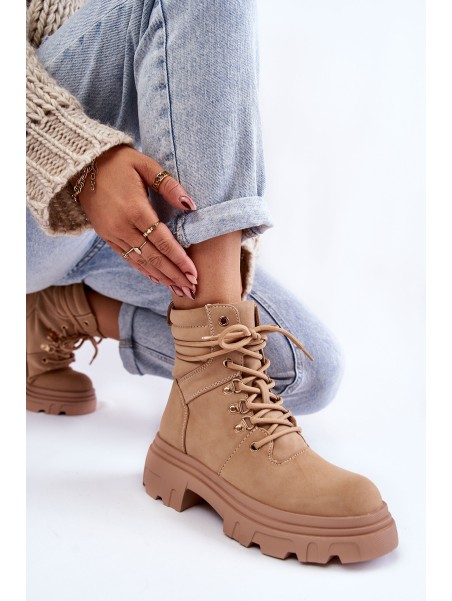 Leather Warm Lace-up Boots Beige Merisha