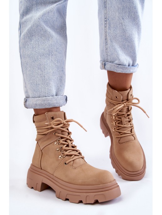 Leather Warm Lace-up Boots Beige Merisha Leather Warm Lace-up Boots Beige Merisha