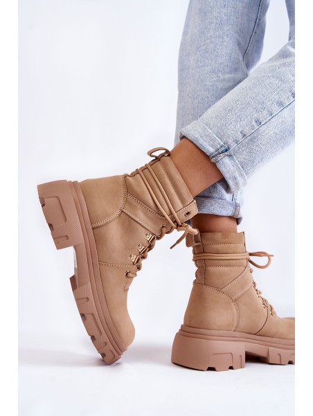 Leather Warm Lace-up Boots Beige Merisha