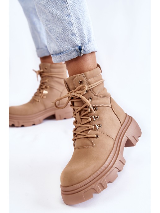 Leather Warm Lace-up Boots Beige Merisha Leather Warm Lace-up Boots Beige Merisha