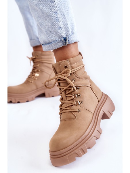 Leather Warm Lace-up Boots Beige Merisha