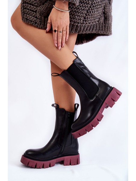 Women's Worker Boots On The Platform Black and burgundy Aliana