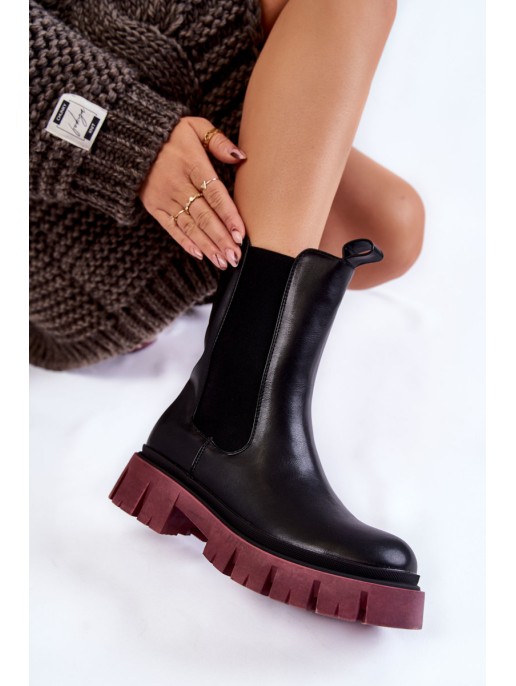 Women's Worker Boots On The Platform Black and burgundy Aliana Women's Worker Boots On The Platform Black and burgundy Aliana