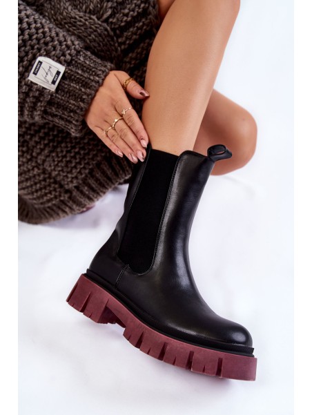 Women's Worker Boots On The Platform Black and burgundy Aliana