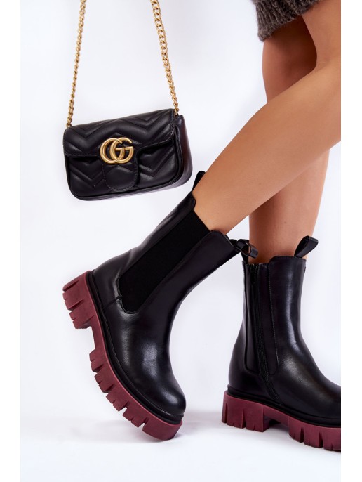 Women's Worker Boots On The Platform Black and burgundy Aliana Women's Worker Boots On The Platform Black and burgundy Aliana