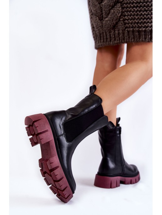 Women's Worker Boots On The Platform Black and burgundy Aliana Women's Worker Boots On The Platform Black and burgundy Aliana