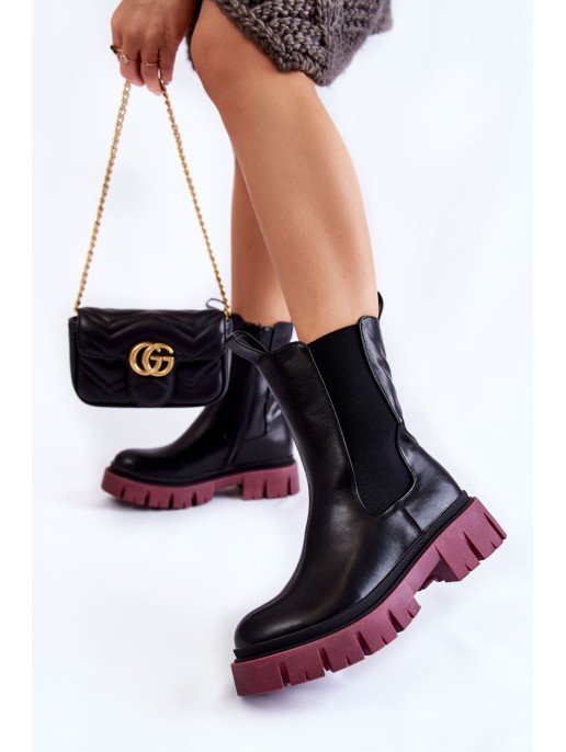 Women's Worker Boots On The Platform Black and burgundy Aliana Women's Worker Boots On The Platform Black and burgundy Aliana