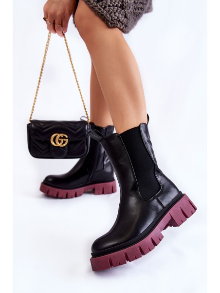 Women's Worker Boots On The Platform Black and burgundy Aliana