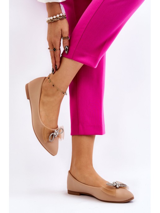 Women's V-neck Ballerinas With A Decorative Bow Dark beige Luminous Women's V-neck Ballerinas With A Decorative Bow Dark beige Luminous