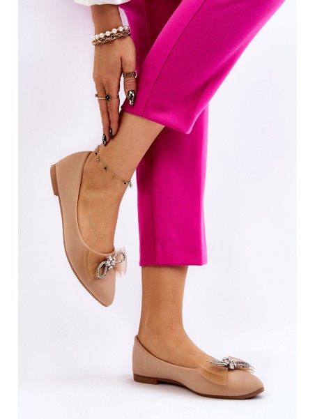 Women's V-neck Ballerinas With A Decorative Bow Dark beige Luminous