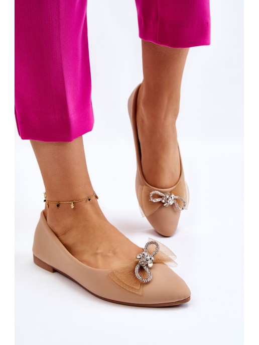 Women's V-neck Ballerinas With A Decorative Bow Dark beige Luminous Women's V-neck Ballerinas With A Decorative Bow Dark beige Luminous