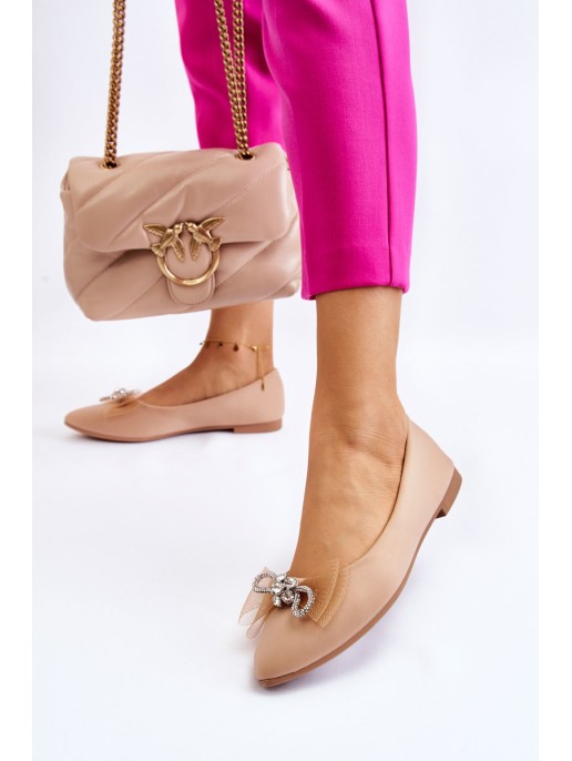 Women's V-neck Ballerinas With A Decorative Bow Dark beige Luminous Women's V-neck Ballerinas With A Decorative Bow Dark beige Luminous