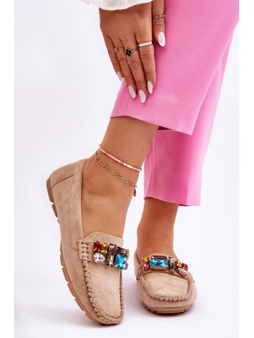 Women's Suede Loafers With Crystals Beige Lucille 2