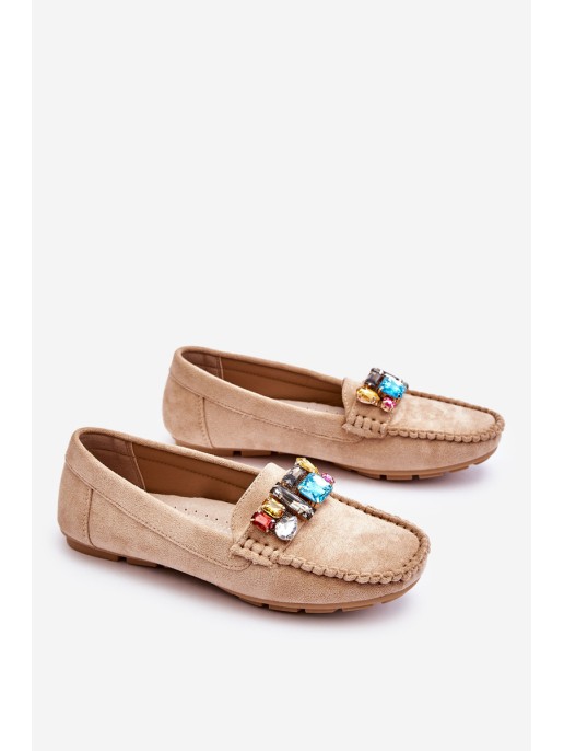 Women's Suede Loafers With Crystals Beige Lucille Women's Suede Loafers With Crystals Beige Lucille