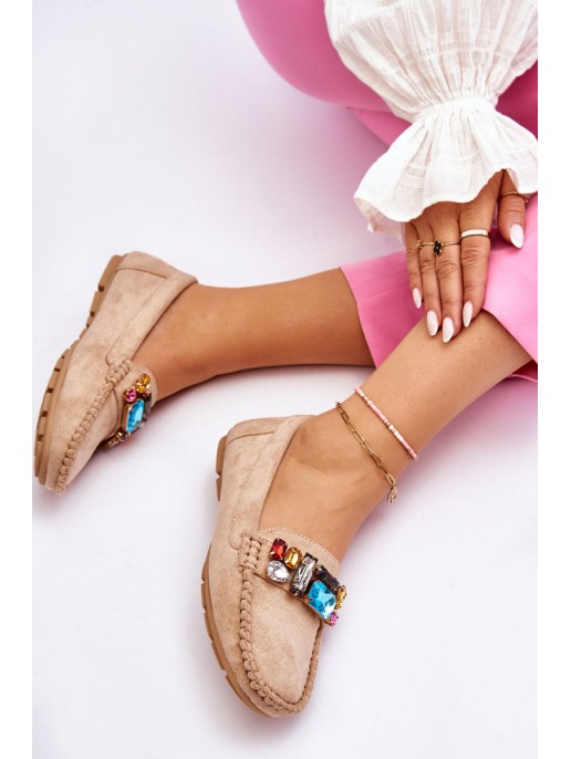 Women's Suede Loafers With Crystals Beige Lucille Women's Suede Loafers With Crystals Beige Lucille