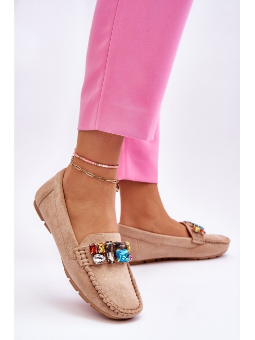Women's Suede Loafers With Crystals Beige Lucille Women's Suede Loafers With Crystals Beige Lucille