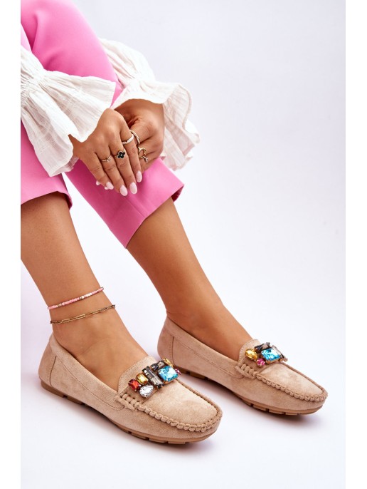 Women's Suede Loafers With Crystals Beige Lucille Women's Suede Loafers With Crystals Beige Lucille