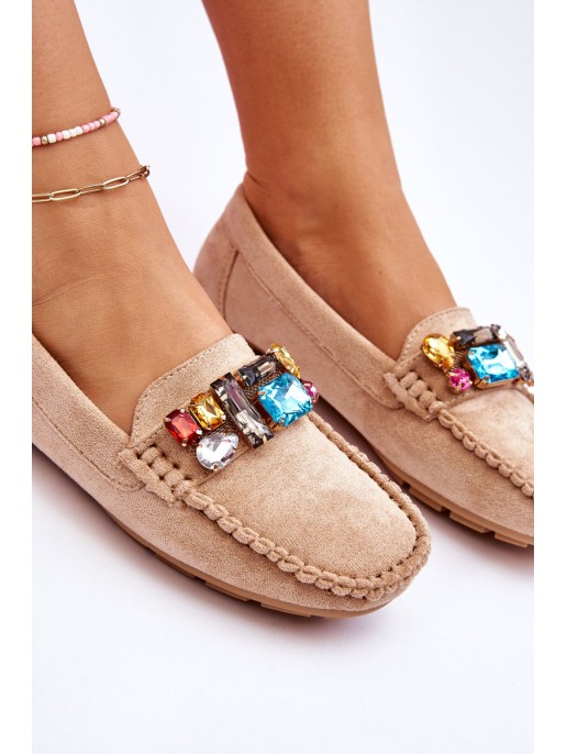 Women's Suede Loafers With Crystals Beige Lucille Women's Suede Loafers With Crystals Beige Lucille