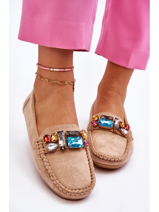 Women's Suede Loafers With Crystals Beige Lucille Women's Suede Loafers With Crystals Beige Lucille