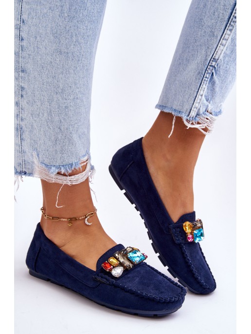 Women's Suede Loafers With Crystals navy blue Lucille Women's Suede Loafers With Crystals navy blue Lucille