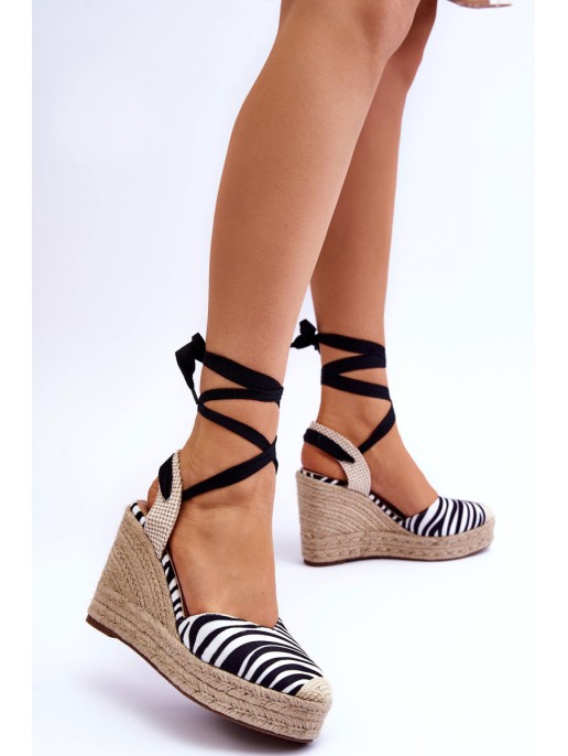 Tied Sandals On A High Wedge Black And White Lendy Tied Sandals On A High Wedge Black And White Lendy