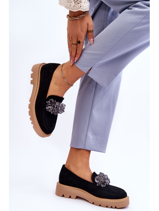 Fashionable suede moccasins with crystals Black Demeris