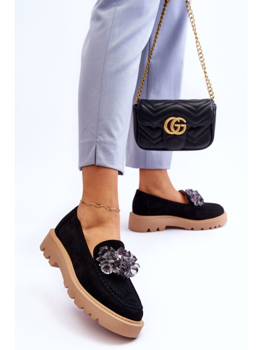 Fashionable suede moccasins with crystals Black Demeris