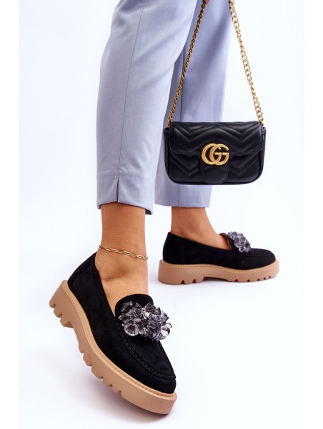 Fashionable suede moccasins with crystals Black Demeris