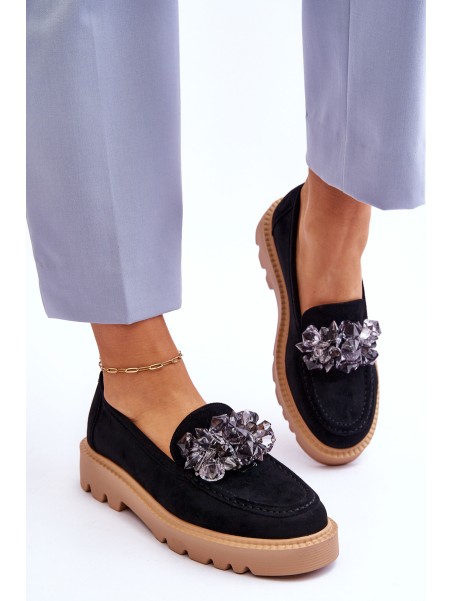 Fashionable suede moccasins with crystals Black Demeris