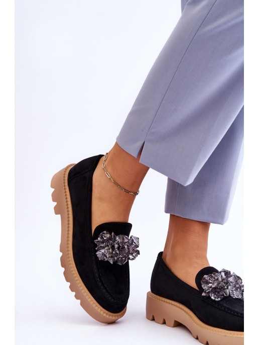 Fashionable suede moccasins with crystals Black Demeris