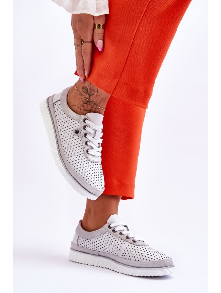 Fashionable Leather Openwork Sports Shoes White-Silver Cantare