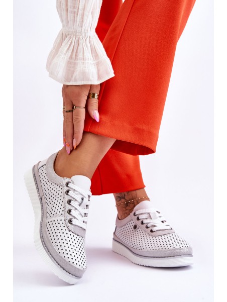 Fashionable Leather Openwork Sports Shoes White-Silver Cantare