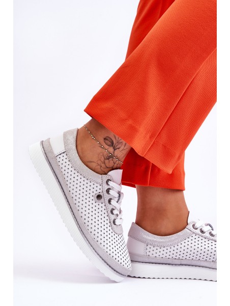Fashionable Leather Openwork Sports Shoes White-Silver Cantare