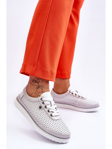 Fashionable Leather Openwork Sports Shoes White-Silver Cantare