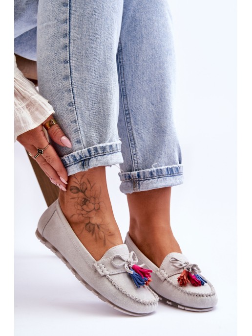 Suede Loafers With Bow And Fringes Gray Dorine Suede Loafers With Bow And Fringes Gray Dorine
