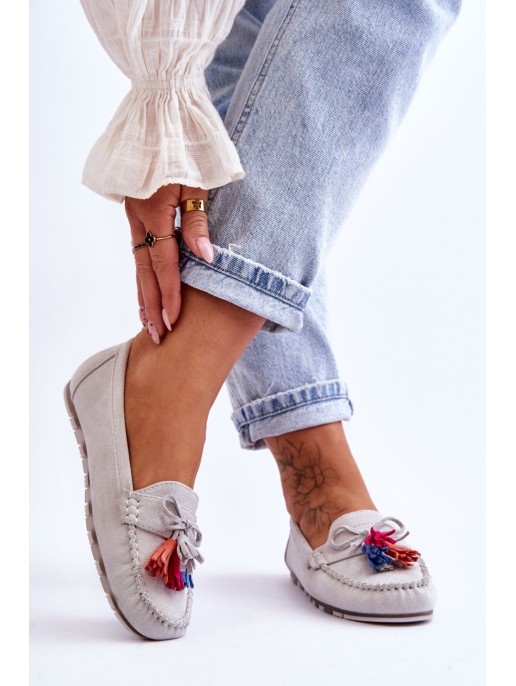 Suede Loafers With Bow And Fringes Gray Dorine Suede Loafers With Bow And Fringes Gray Dorine