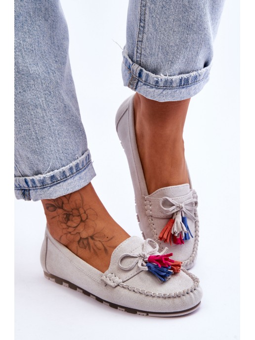 Suede Loafers With Bow And Fringes Gray Dorine Suede Loafers With Bow And Fringes Gray Dorine