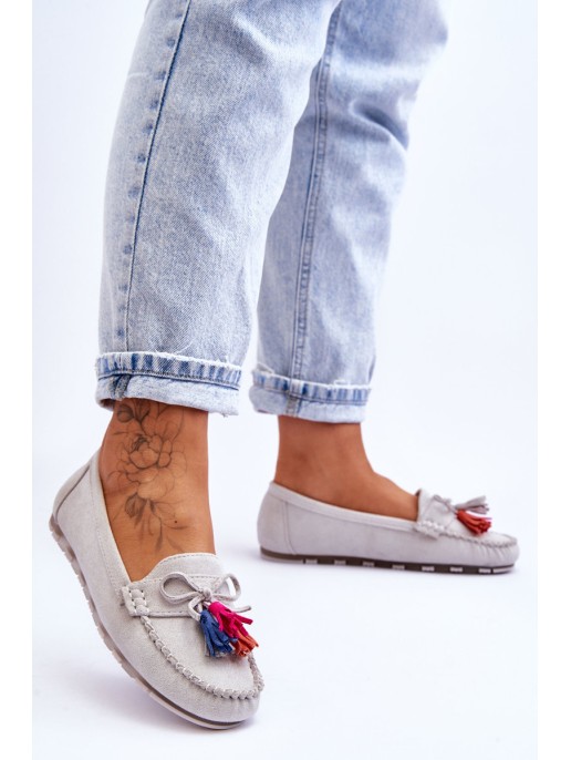 Suede Loafers With Bow And Fringes Gray Dorine Suede Loafers With Bow And Fringes Gray Dorine