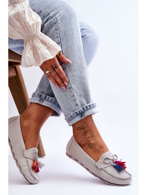 Suede Loafers With Bow And Fringes Gray Dorine Suede Loafers With Bow And Fringes Gray Dorine