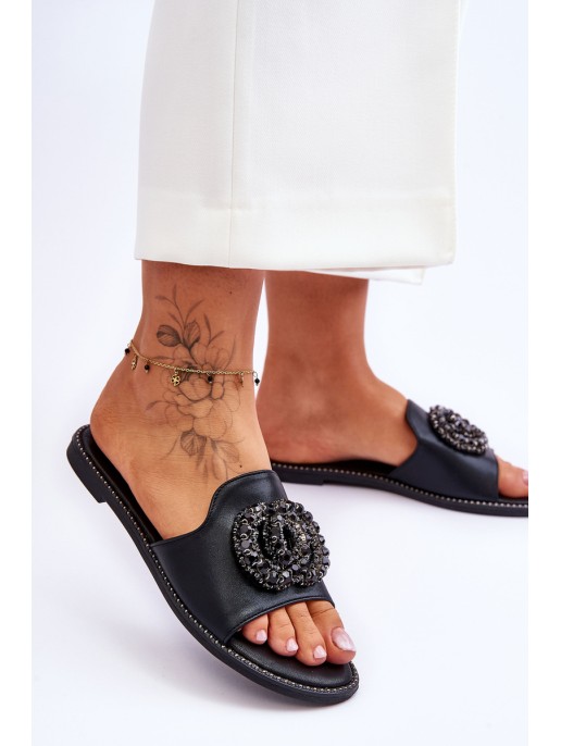 Women's Flat Slippers With Ornaments S.Barski KV-520-3 Black Women's Flat Slippers With Ornaments S.Barski KV-520-3 Black