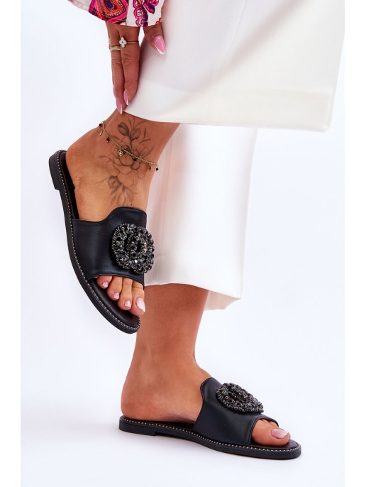 Women's Flat Slippers With Ornaments S.Barski KV-520-3 Black Women's Flat Slippers With Ornaments S.Barski KV-520-3 Black