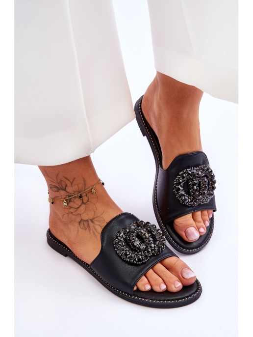Women's Flat Slippers With Ornaments S.Barski KV-520-3 Black Women's Flat Slippers With Ornaments S.Barski KV-520-3 Black