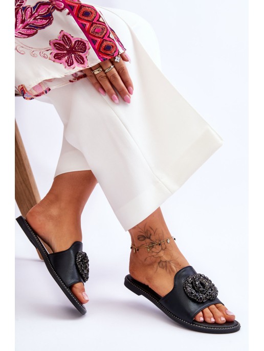 Women's Flat Slippers With Ornaments S.Barski KV-520-3 Black Women's Flat Slippers With Ornaments S.Barski KV-520-3 Black