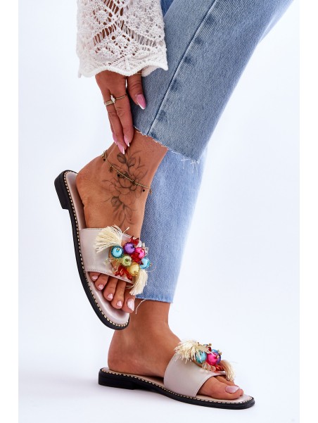 Šlepetės su dekoratyviniais karoliukais S.Barski KV-2775-47 Nude