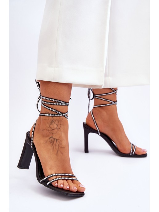 Elegant Tied Sandals With Rhinestones Black Nessy