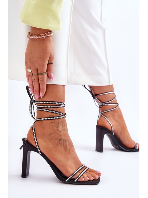 Elegant Tied Sandals With Rhinestones Black Nessy