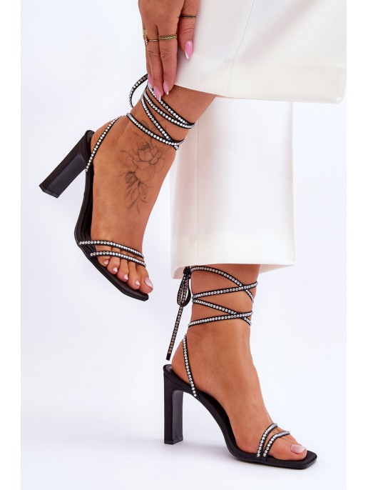 Elegant Tied Sandals With Rhinestones Black Nessy