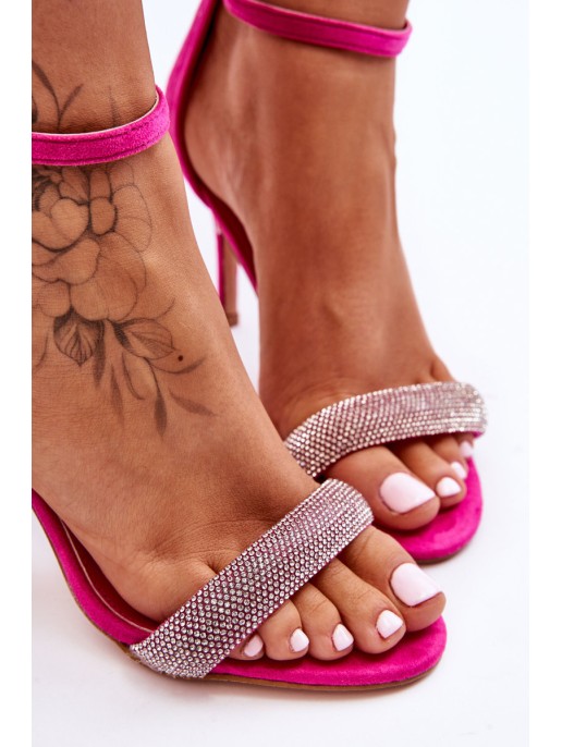 Suede High Heel Sandals With Rhinestones Fuchsia Moments