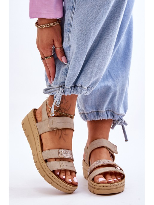Women's Leather Sandals With Velcro Beige Fresh Look
