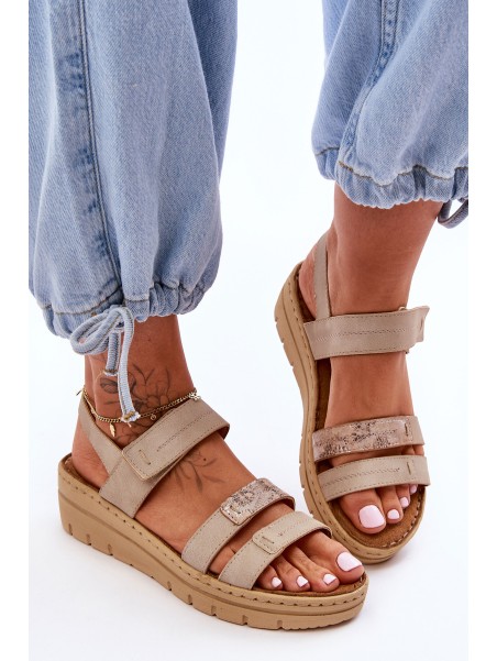 Women's Leather Sandals With Velcro Beige Fresh Look